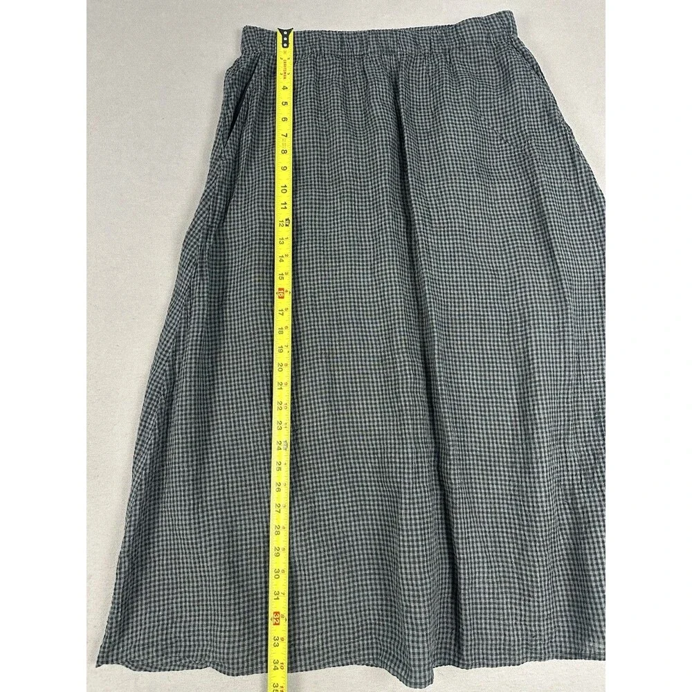 Eileen Fisher Organic Linen Gingham Check Pocket Skirt Sz M Lagenlook Layering